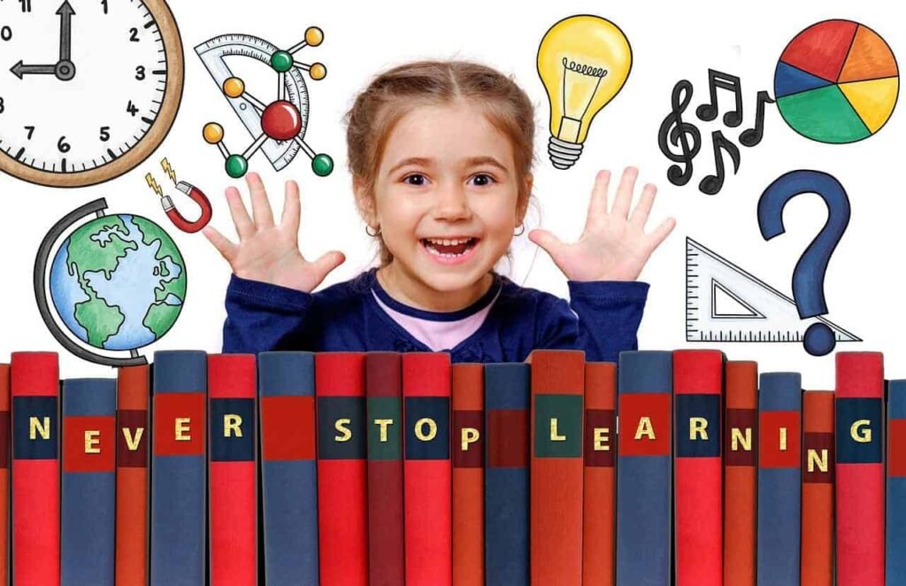 Young girl brimming with smile with math and geometry symbols behind her and books in front of her